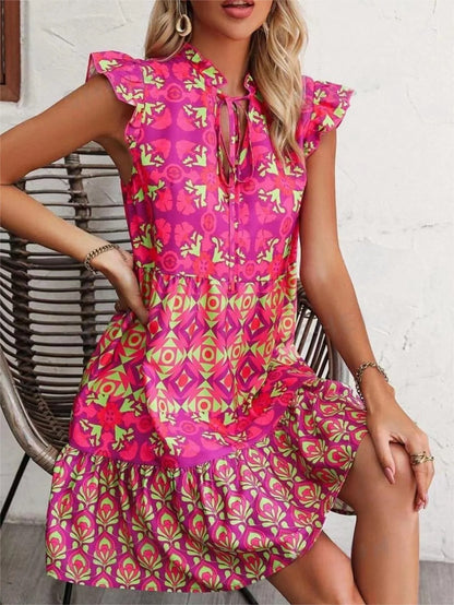 Printed sleeveless V-neck lace-up summer dress in rose red
