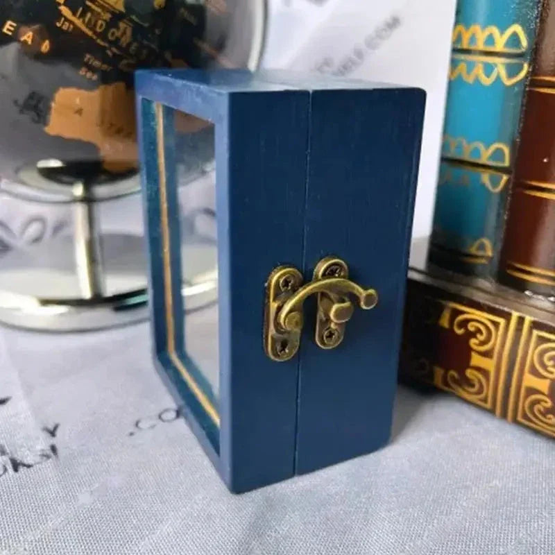 Handcrafted mini bookshelf made of wood with 60 miniature books for stress relief and mindfulness