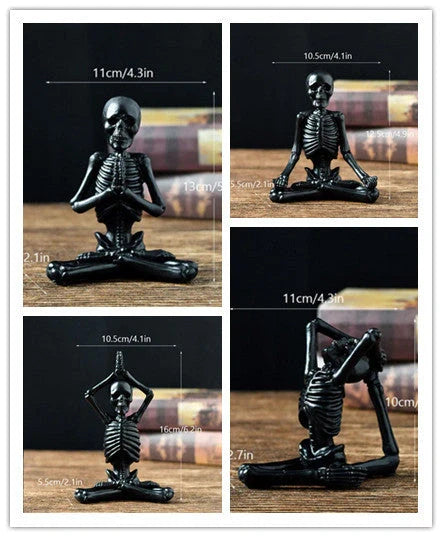Spooky skeleton desktop decorations featuring intricate resin skulls and skeletons in vintage white and ominous black color options