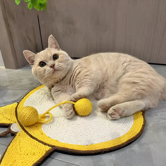 Yellow sisal cat scratching pad with Corgi dog butt design, showing anti-slip EVA base and adhesive hooks.
