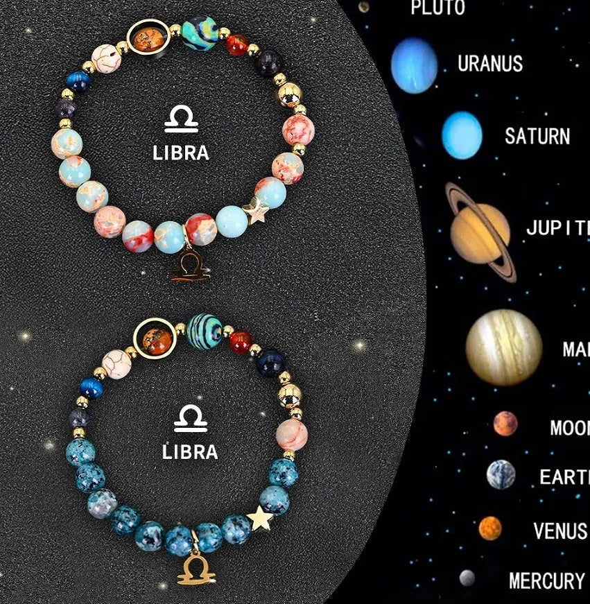 Set of two natural stone beaded bracelets showing zodiac sign designs on an elastic cord.