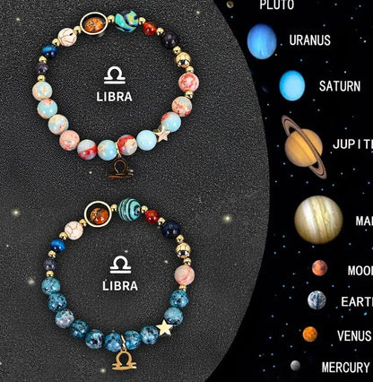 Set of two natural stone beaded bracelets showing zodiac sign designs on an elastic cord.