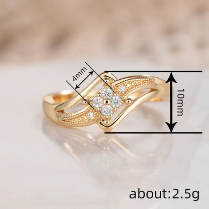 Yellow gold coloured copper diamond ring with micro inlaid zircon geometric ornamentation.