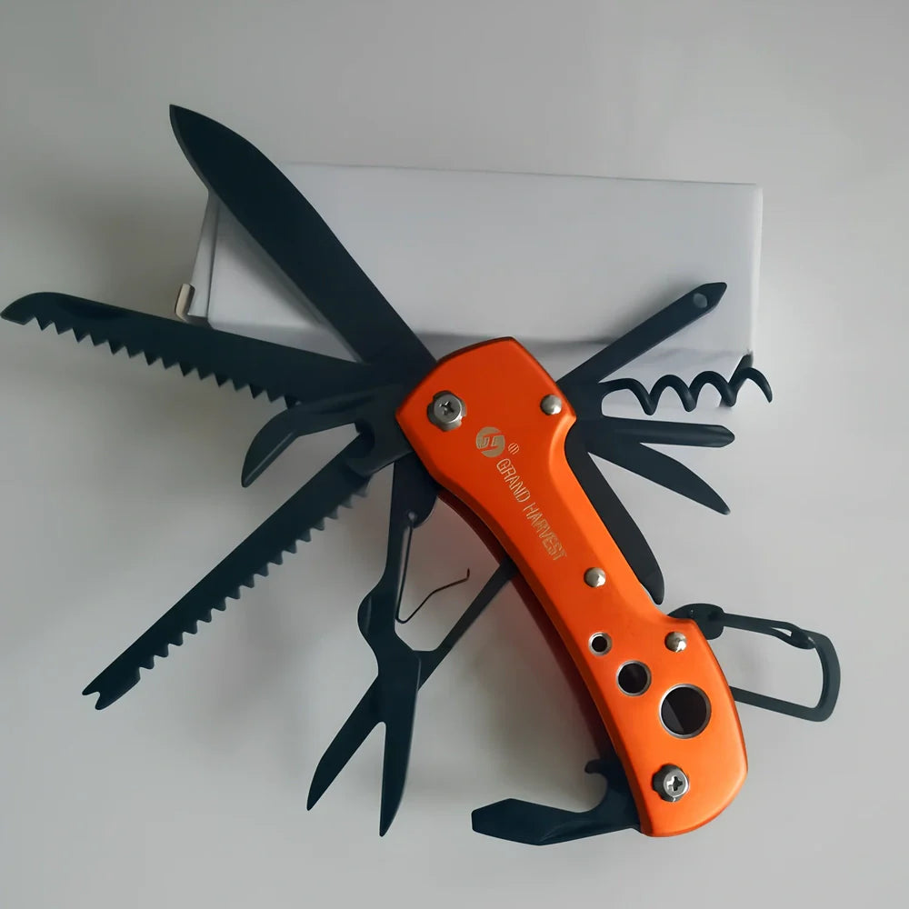 Black handled multifunctional folding army knife open to 22cm with stainless steel blade for fishing and outdoor use