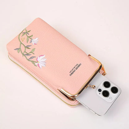 Flower embroidery phone bag with lock buckle in multiple colors