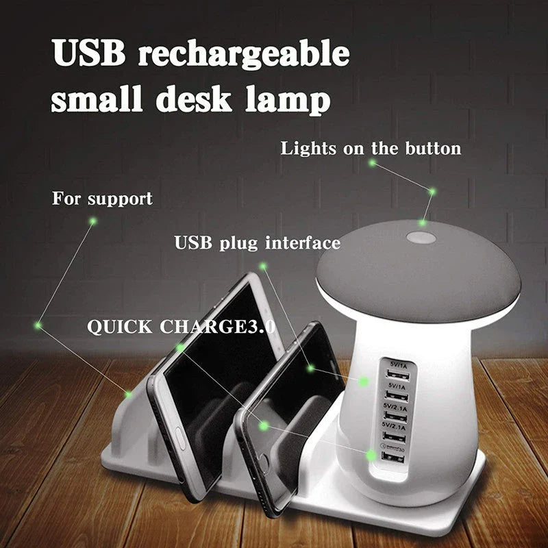 Multifunctional Mushroom Lamp with LED Lighting and USB Charging Ports for Home and Office Use