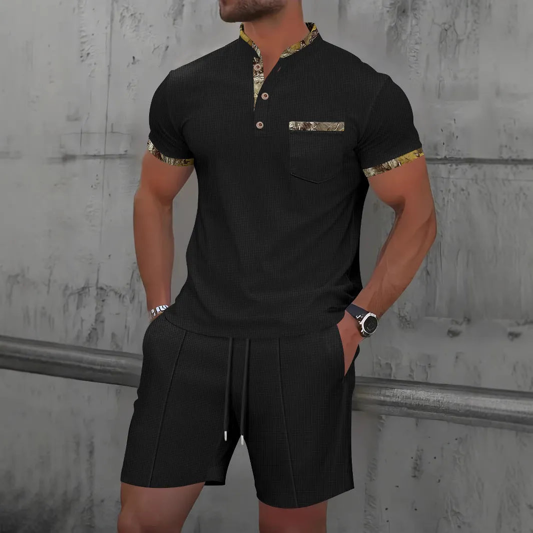 Men's grey waffle texture polo collar short sleeve suit with zipper and matching shorts for summer wear