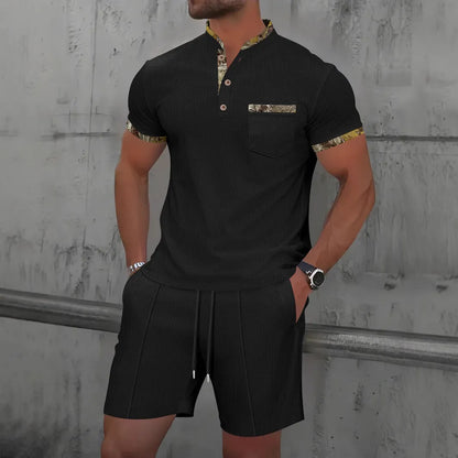 Men's grey waffle texture polo collar short sleeve suit with zipper and matching shorts for summer wear