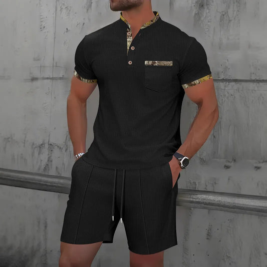 Men's grey waffle texture polo collar short sleeve suit with zipper and matching shorts for summer wear