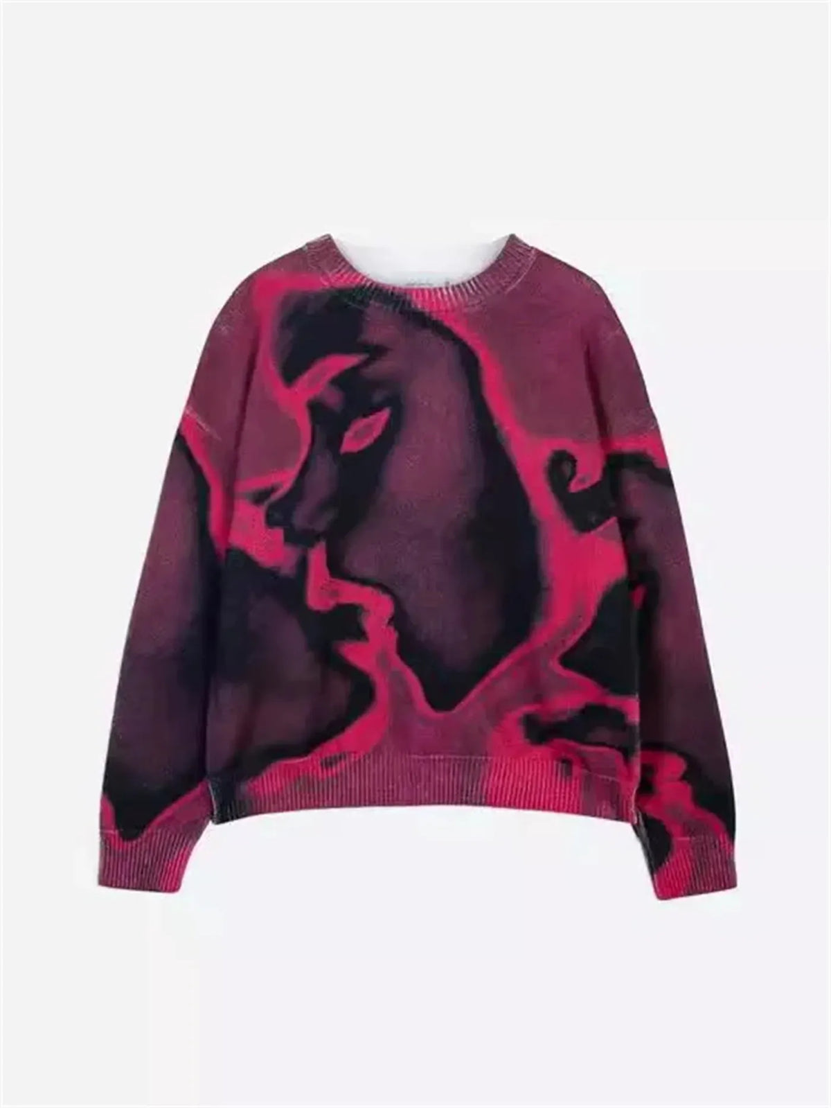 Printed polyester sweater in Black, Blue, or Rose Red, sizes XS to 3XL, long sleeve casual pullover