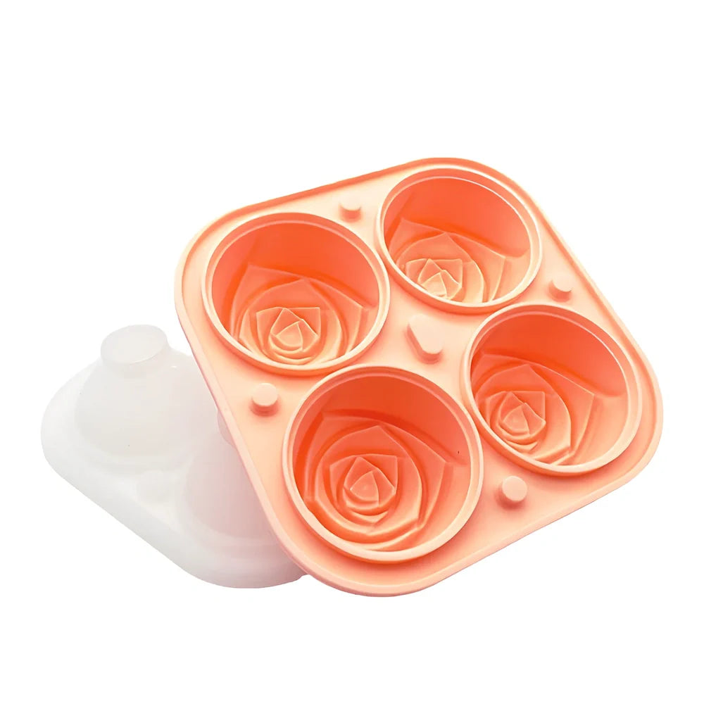 Orange silicone ice mould with 2.5-inch rose shapes and built-in filling funnel