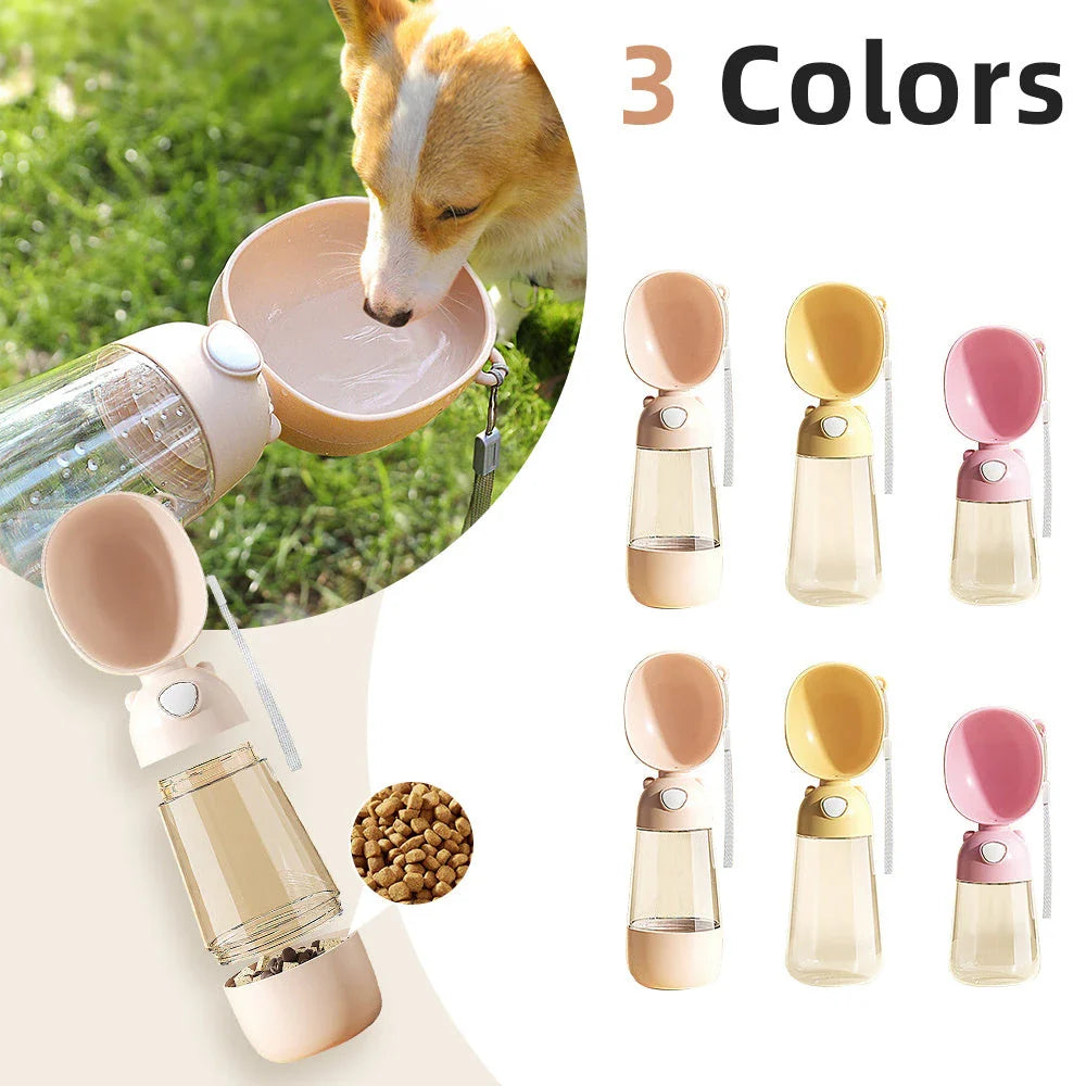 Portable pet water bottle with built-in food and water bowl for outdoor use