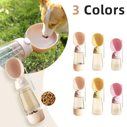 Portable pet water bottle with built-in food and water bowl for outdoor use