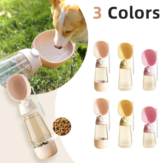 Portable pet water bottle with built-in food and water bowl for outdoor use