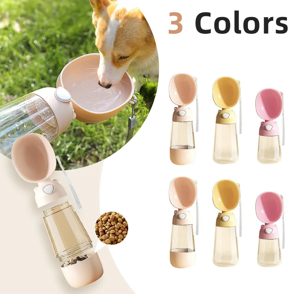 Portable dog water bottle with feeder bowl in brown, pink, or yellow colours for outdoor pet travel