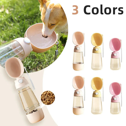Portable dog water bottle with feeder bowl in brown, pink, or yellow colours for outdoor pet travel