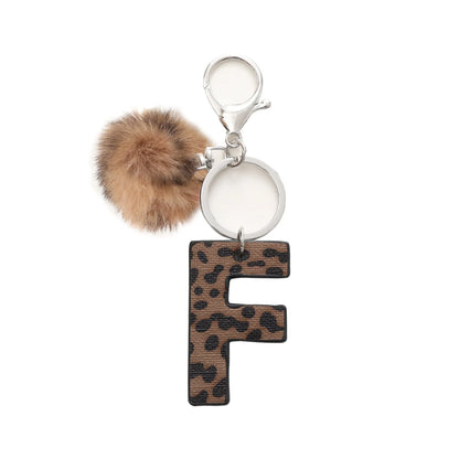 Leopard-print artificial leather keychain with oil-edged acrylic letter and included key ring, retro style