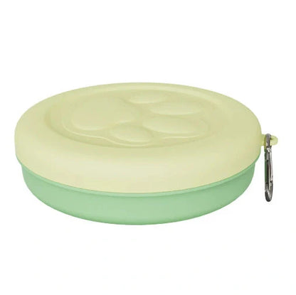 Collapsible dog food bowl showing expanded and folded positions with leak-proof silicone base