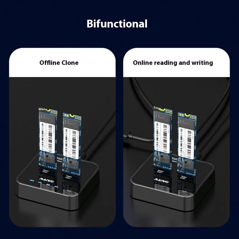 MAIWO K3016 M.2 solid-state drive docking station with power adapter and two USB cables on a desk.