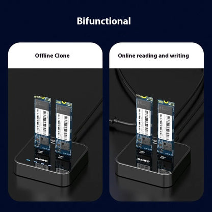MAIWO K3016 M.2 solid-state drive docking station with power adapter and two USB cables on a desk.