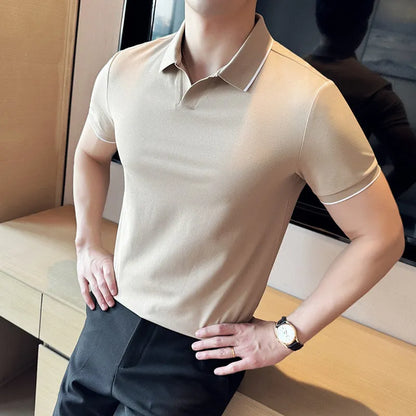 Men's short sleeve lapel polo shirt in a cotton blend fabric shown in solid colour options.