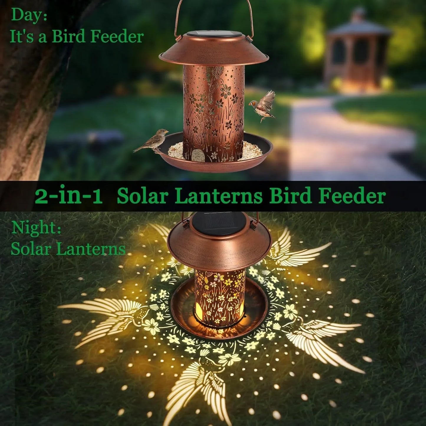 Solar lamp feeder with hummingbird pattern iron art design for garden bird feeding and lighting