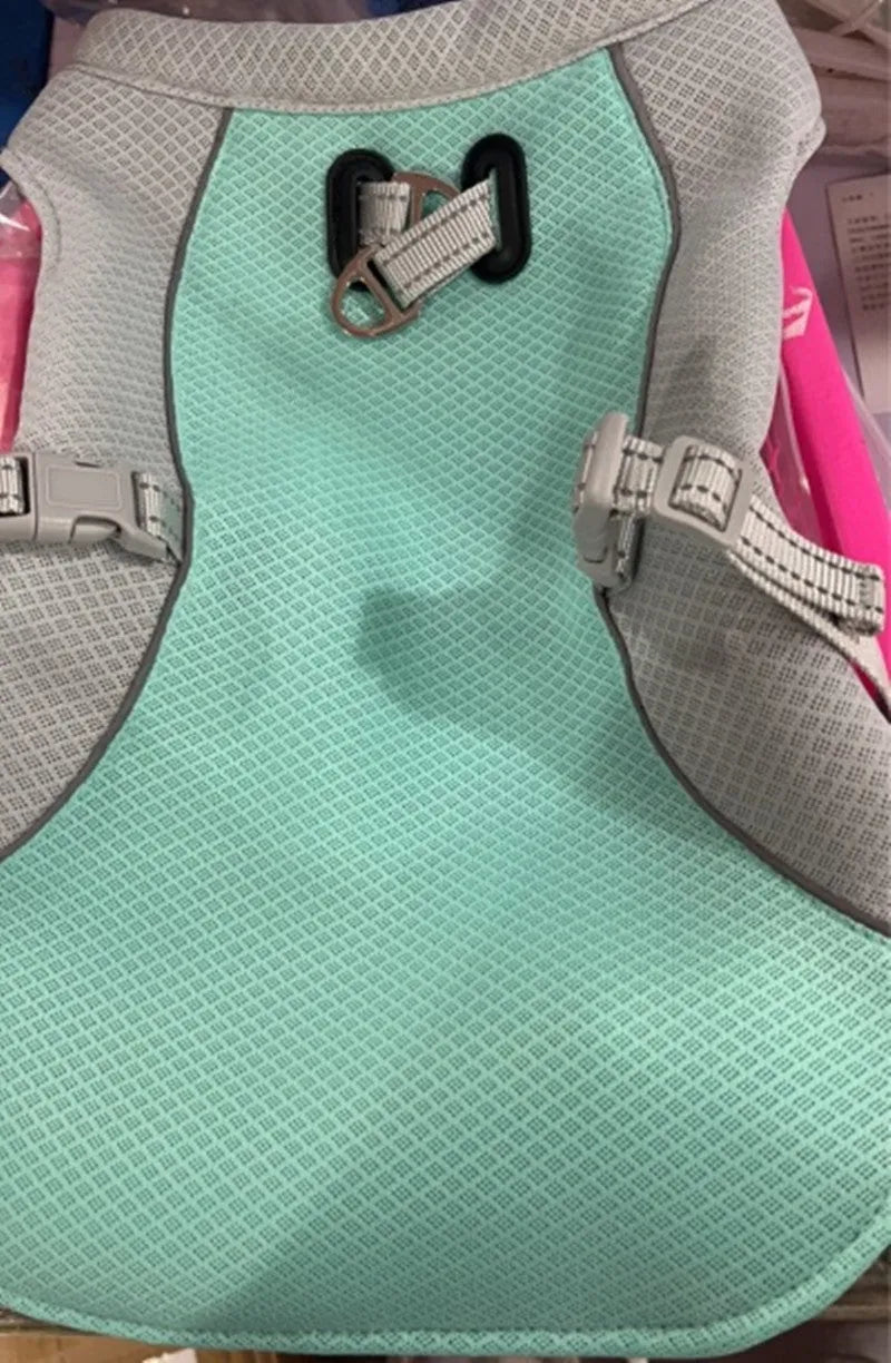 Orange polyester dog cooling vest showing layered construction and adjustable fit on a medium-sized dog.