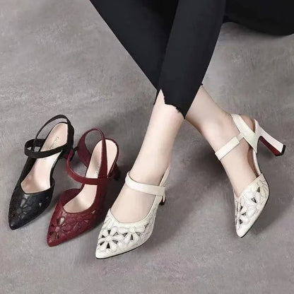 Women's pointed toe backless sandals in red with a hollowed toe box and high heel