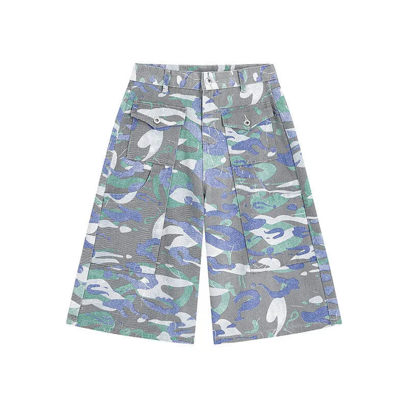 Denim workwear trousers with camouflage colour pattern, straight-leg cut, and zipper fly