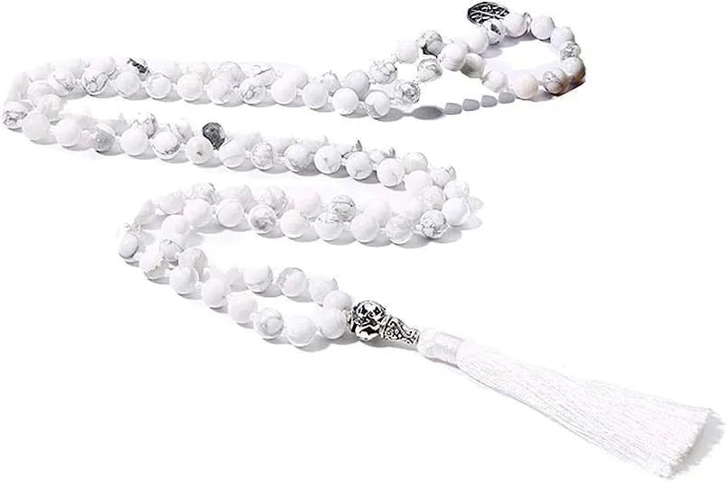 Handmade knotted beaded necklace with 108 natural stone beads in various colours.