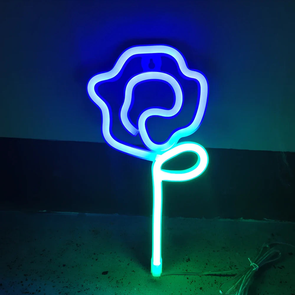 LED rose neon light with plastic shell measuring 14x28cm in multiple colour options for bedroom decoration