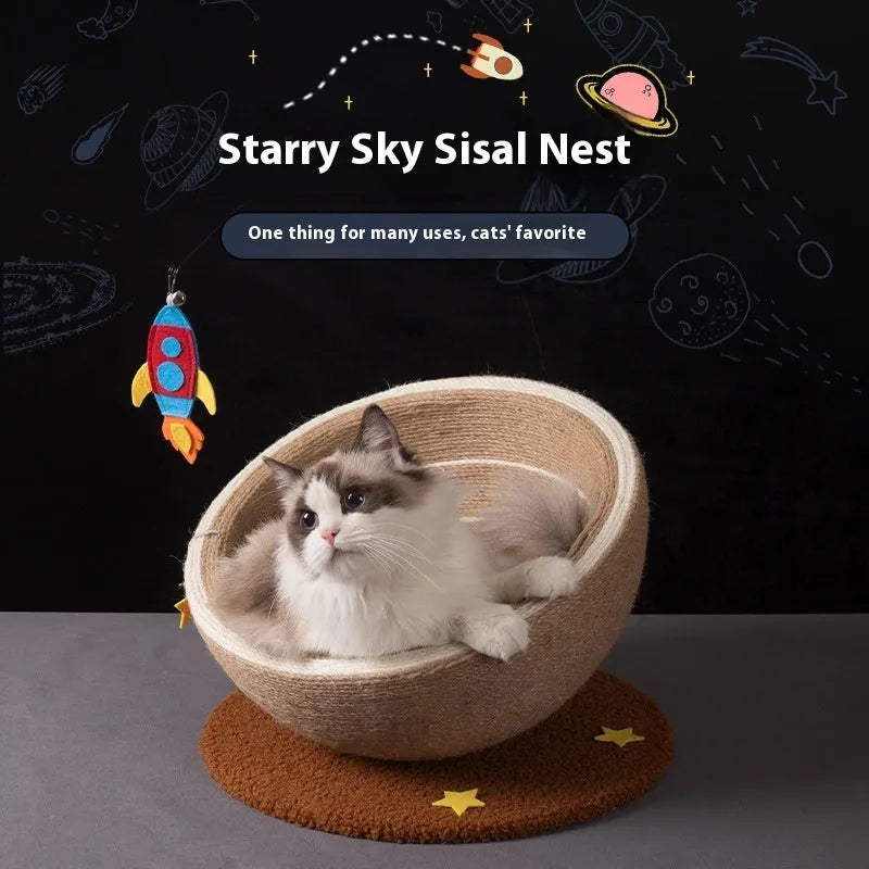 Large integrated cat scratching basin and nest with sisal scratching surfaces and flannel lining in starlight colour