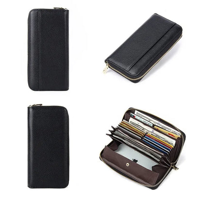 Long genuine leather women's wallet in solid colours with 12 card slots and anti-theft design