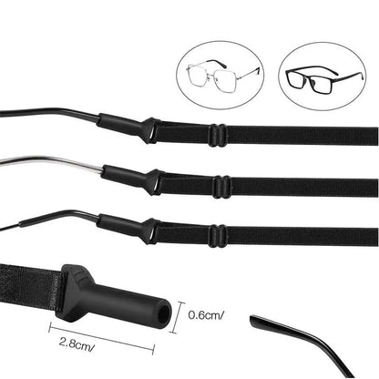 Black adjustable glasses cord strap with silicone earpiece tips shown in adult and children's styles