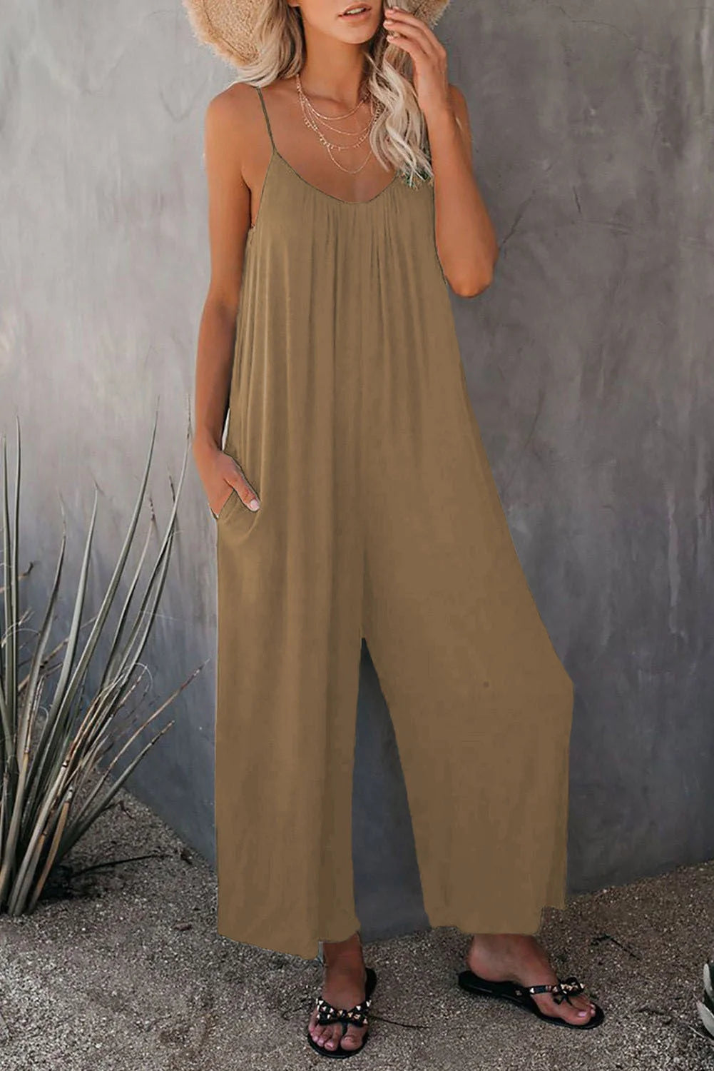Women's sleeveless cotton blend jumpsuit with pockets in various colors