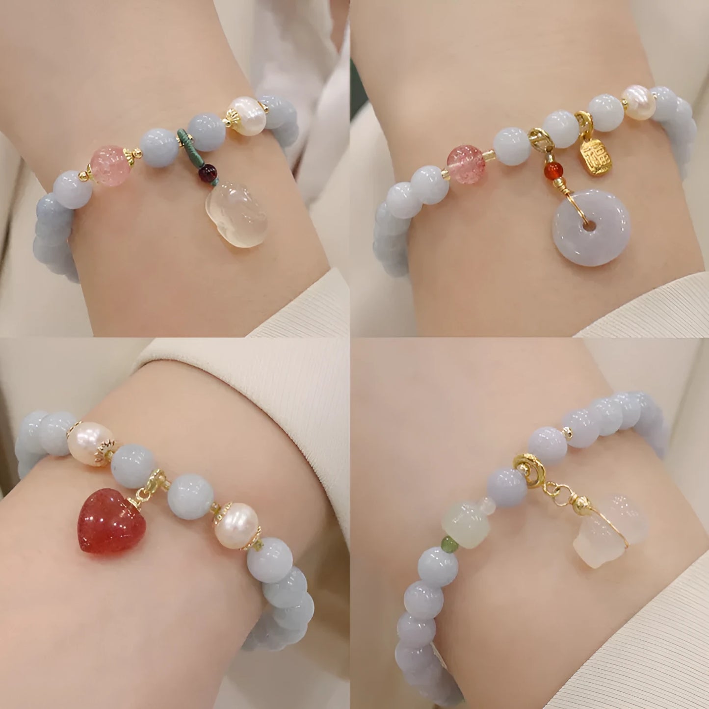 Gold plated women's bracelet with artificial crystal aquamarine chalcedony pendant in climbing cat design
