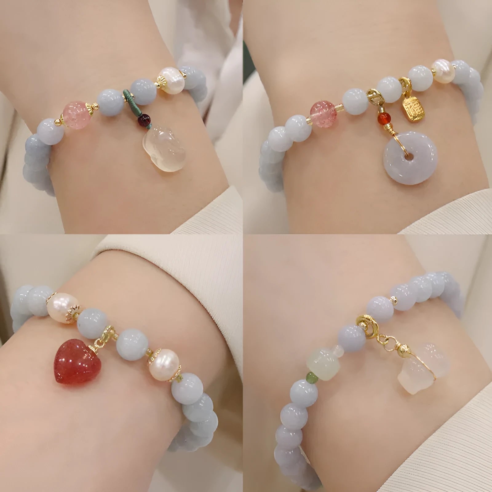 Gold plated women's bracelet with artificial crystal aquamarine chalcedony pendant in climbing cat design