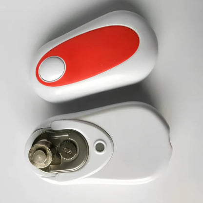 Red electric can opener with plastic construction measuring 14cm long with automatic operation