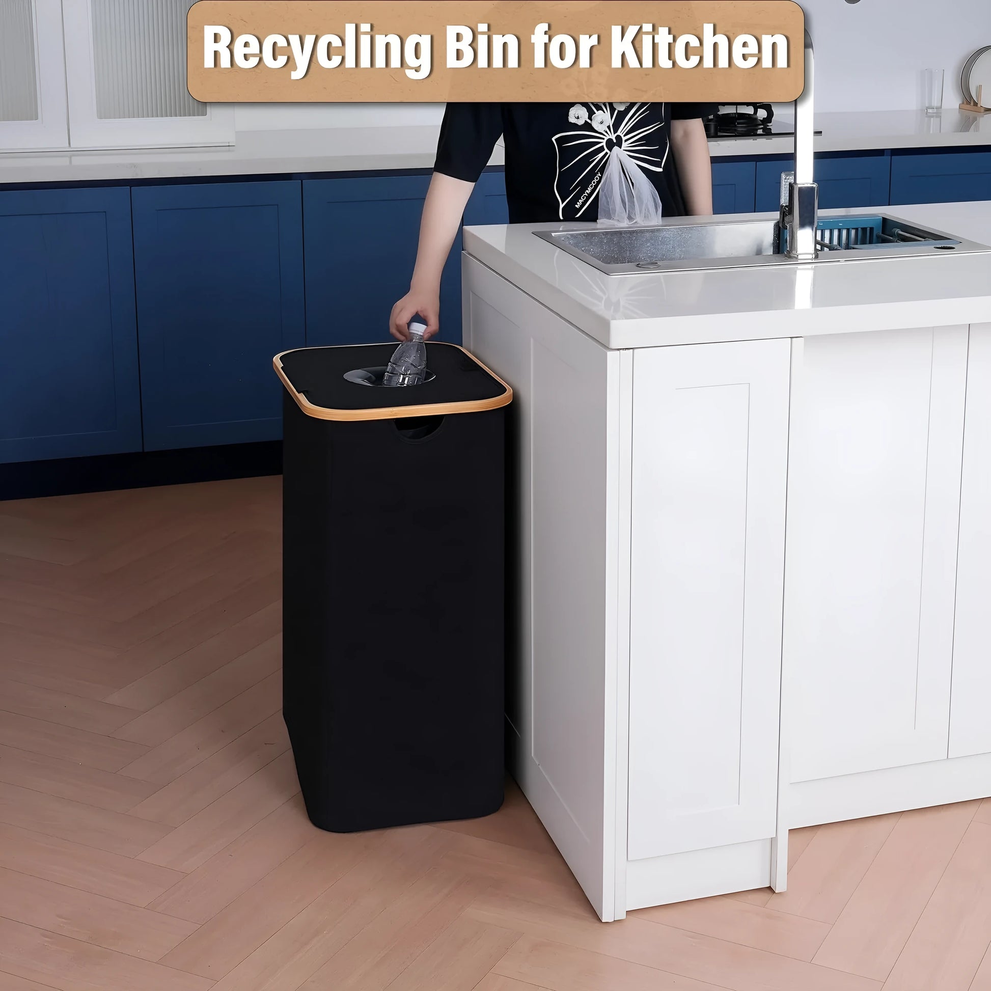 Black bamboo-framed recycling storage basket with a removable lid and two visible inner fabric pockets.