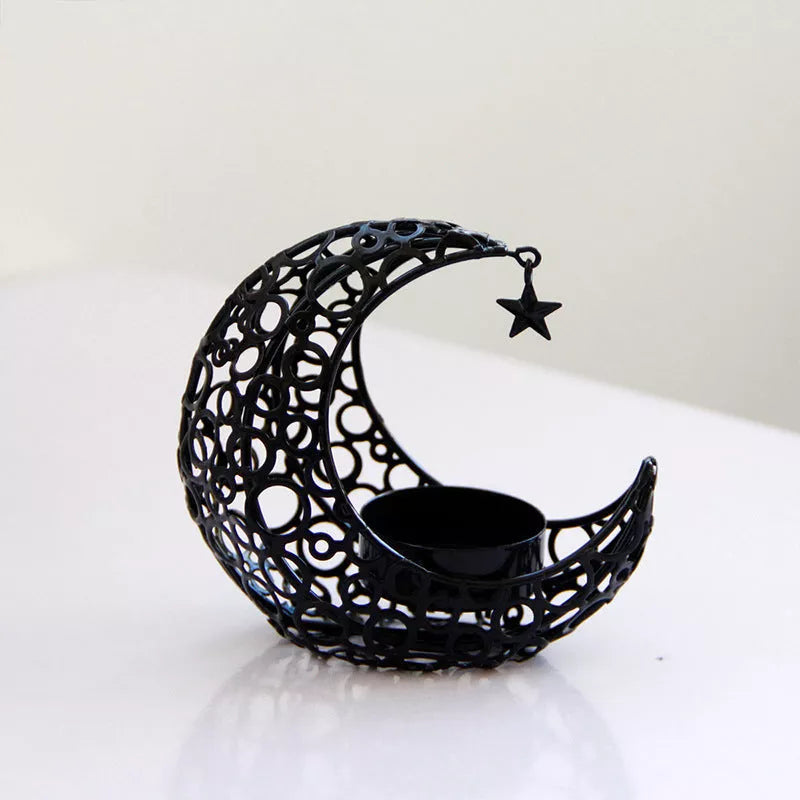 Crescent Moon Star Metal Candle Holder in black or gold for elegant home decor