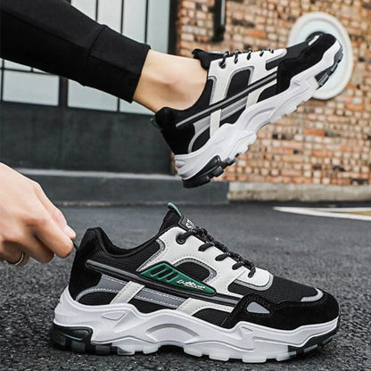 Men's black white lace-up sneakers with breathable mesh for running and casual wear