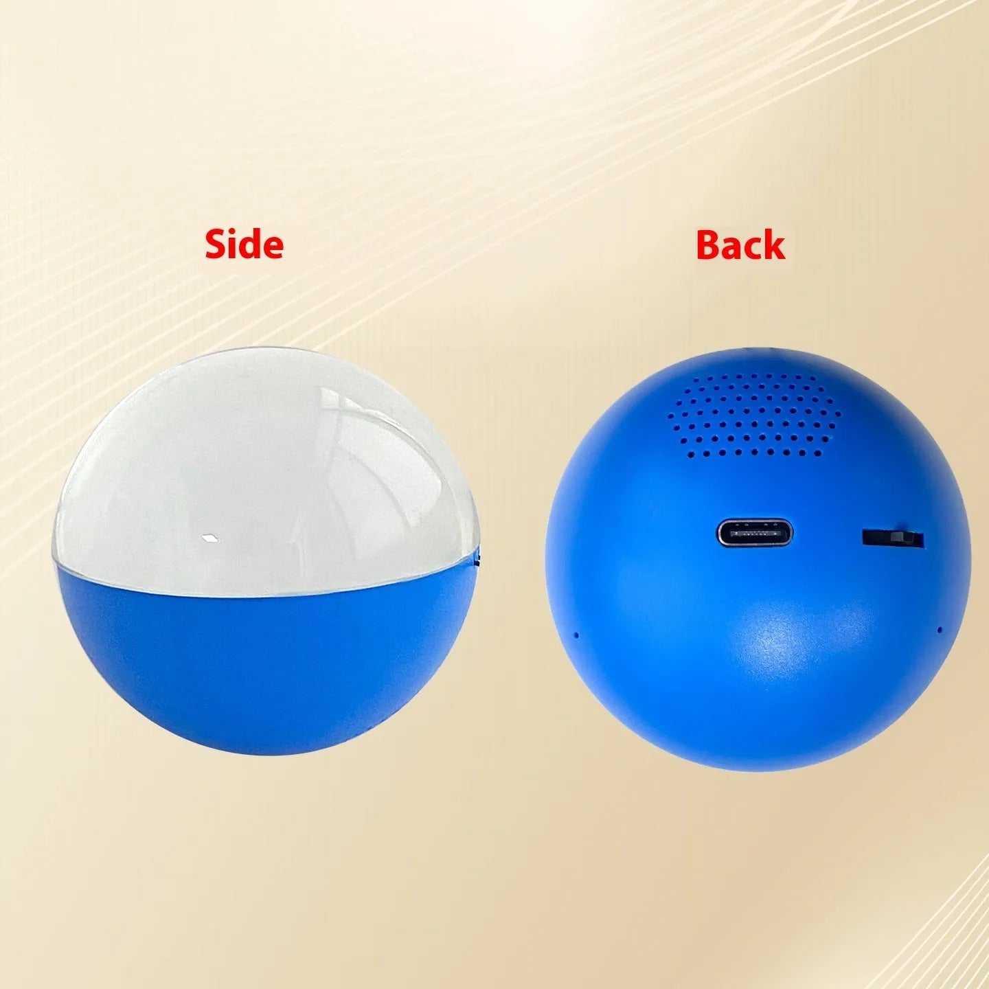 Electronic ball video player with round screen in orange, blue, white, pink, or black, showing 70x70mm size and dial control.