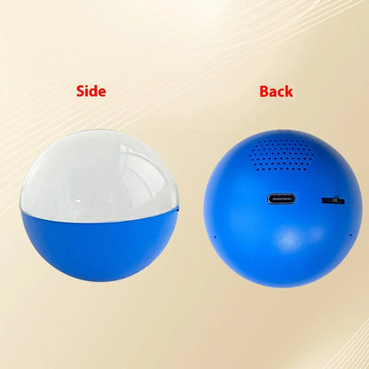 Electronic ball video player with round screen in orange, blue, white, pink, or black, showing 70x70mm size and dial control.