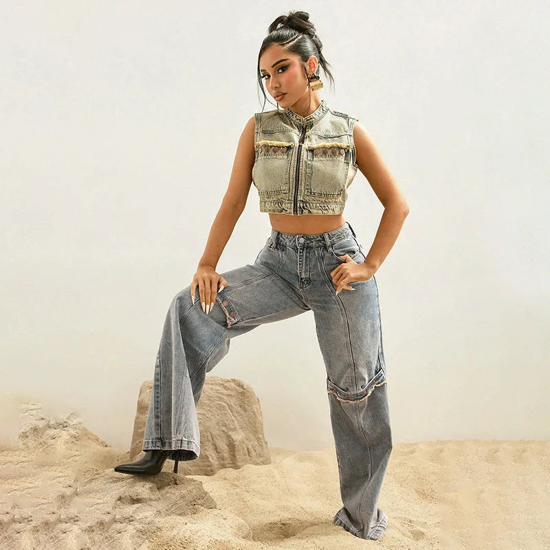 Stylish Y2K-inspired wide-leg denim jeans for women in a relaxed, comfortable fit and classic blue color