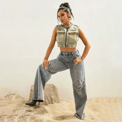 Stylish Y2K-inspired wide-leg denim jeans for women in a relaxed, comfortable fit and classic blue color