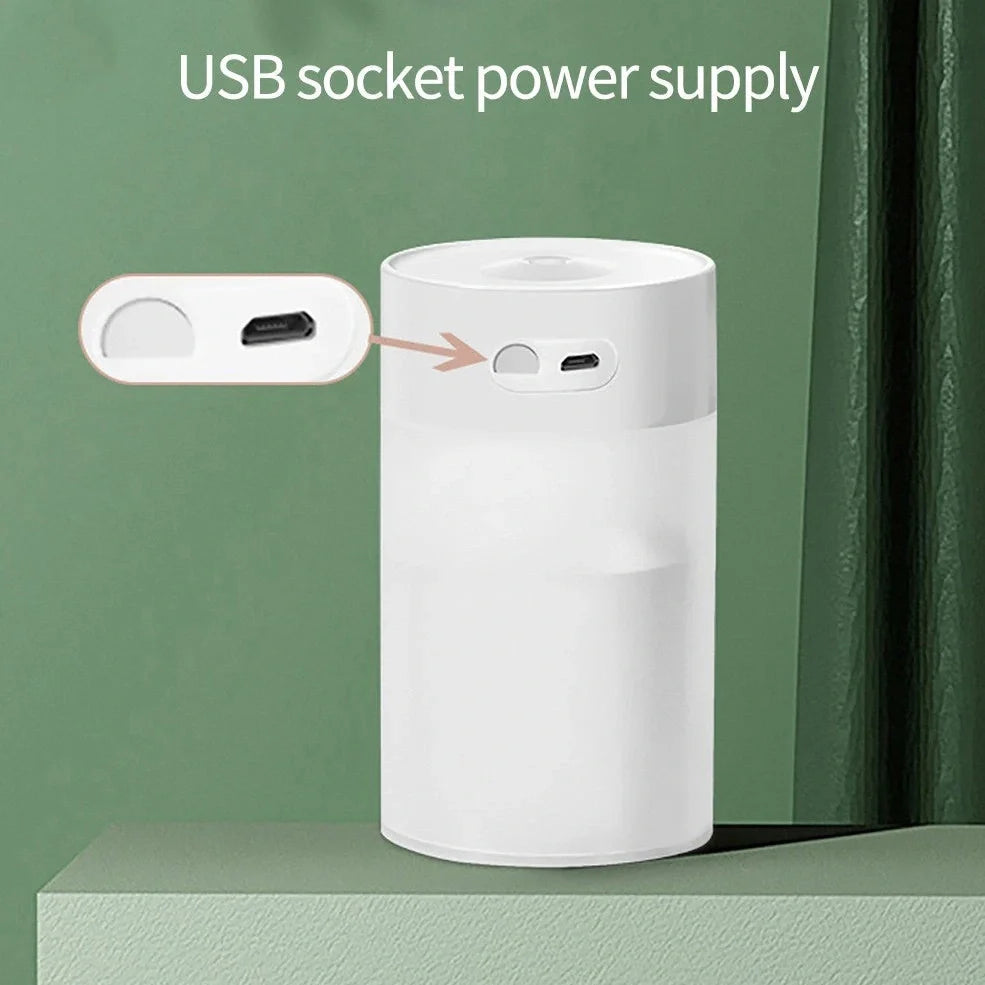 Columnar ultrasonic humidifier in pearl white measuring 140mm × 70mm with USB cable