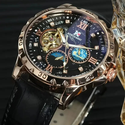 Black dial automatic watch with rose gold case, genuine leather strap, and visible mechanical movement through hollow design