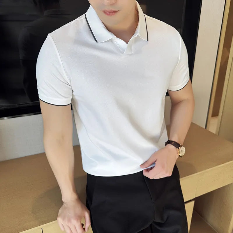 Men's short sleeve lapel polo shirt in a cotton blend fabric shown in solid colour options.