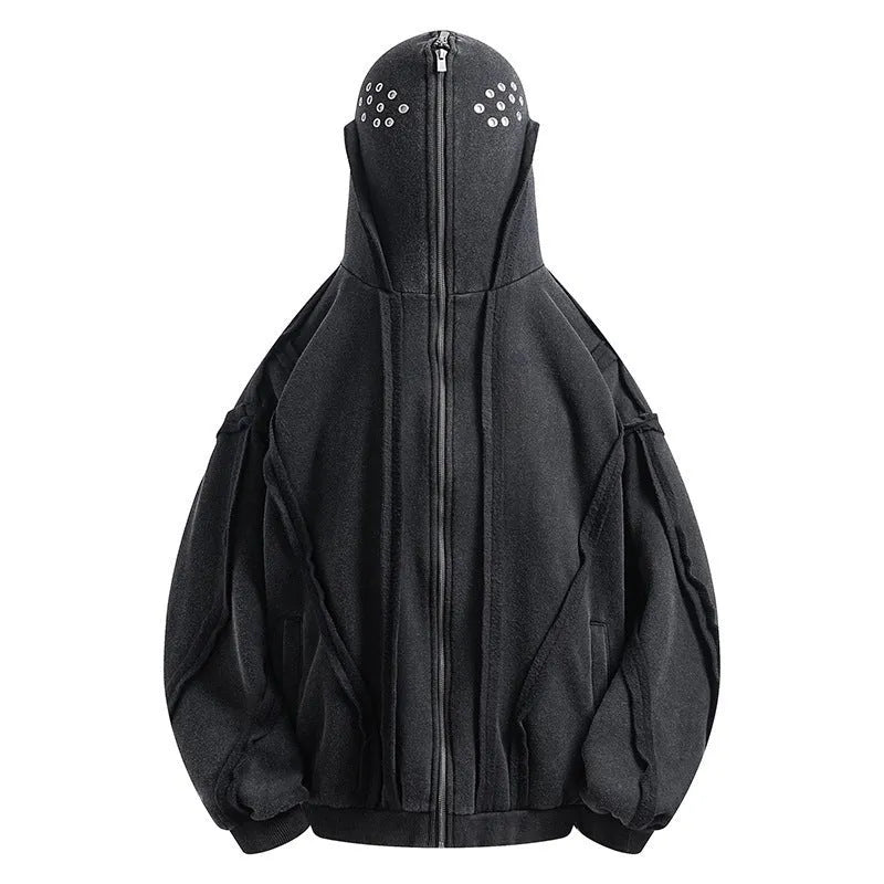 Black loose zip hooded cardigan with abstract pattern and padding for autumn wear