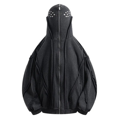 Black loose zip hooded cardigan with abstract pattern and padding for autumn wear